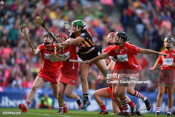 Dublin , Ireland - 9 September 2018; Miriam Walsh of Kilkenny has a shot on goal which was subsequently saved by Aoife Murray of Cork during the...