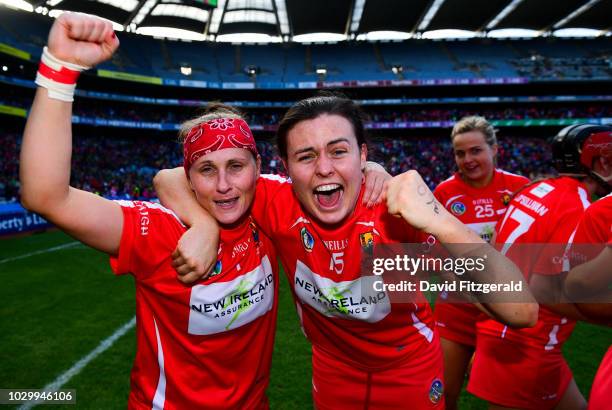 Dublin , Ireland - 9 September 2018; Cork captain Aoife Murray, left, and Hannah Looney celebrate following the Liberty Insurance All-Ireland Senior...