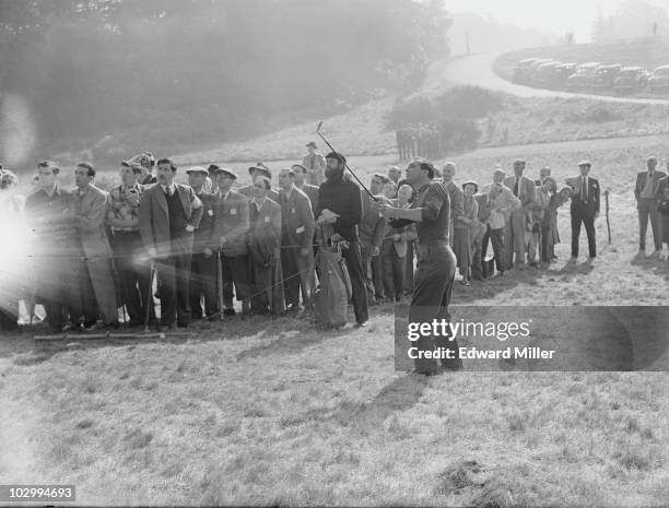 British golfer Max Faulkner in the rough on the first hole during the Ryder Cup golf competition at the Wentworth Club, Surrey, 3rd October 1953....