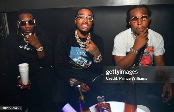 Offset, Quavo and Takeoff of the group Migos attend The Official Concert After Party at The Annex on August 16, 2018 in Detroit, Michigan.