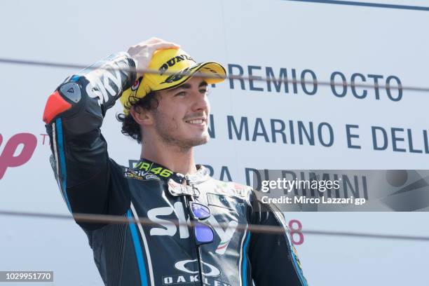 Francesco Bagnaia of Italy and Sky Racing Team VR46 celebrates the victory on the podium at the end of the Moto2 race during the MotoGP of San Marino...