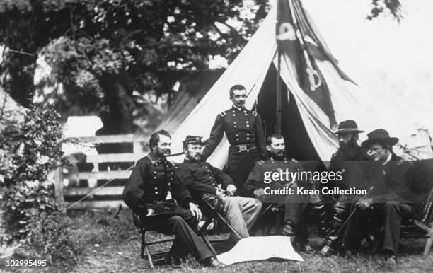 Generals Merritt-Gregg, Philip, Sheridan, Davies, Wilson and Torbert in front of Sheridan's tent during the US civil war, circa 1864.