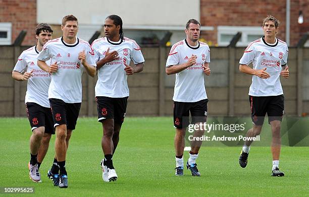 Daniel Agger, Glen Johnson, Jamie Carragher and Steven Gerrard in action during a Liverpool FC training session at Melwood Training Ground on July...