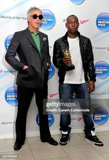 Paul Weller and Dizzee Rascal arrive at the Barclaycard Mercury Prize Nominations Announcement at The Hospital on July 20, 2010 in London, England.