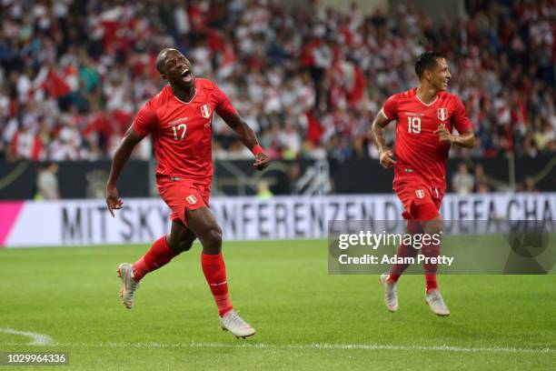 Luis Advincula of Peru celebrates after scoring his team's first goal during the International Friendly match between Germany and Peru at...