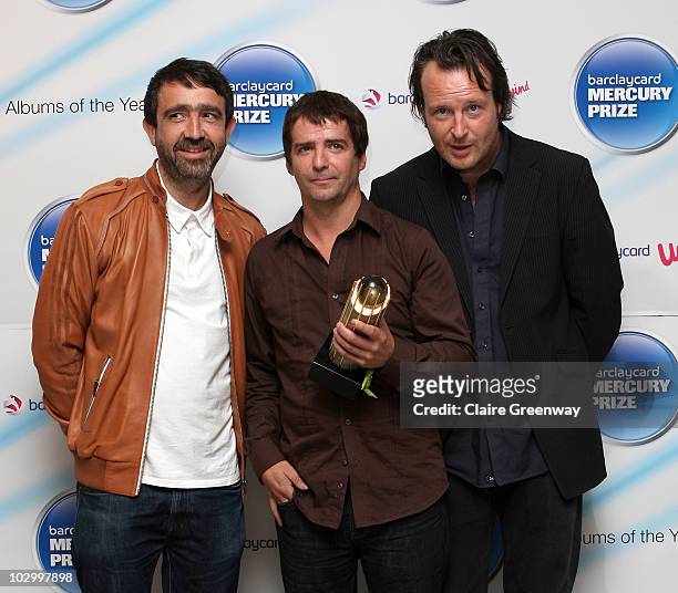 John Bramwell Peter Jobson and Andy Hargreaves of I Am Kloot attend the photocall for the Barclaycard Mercury Prize Nominations Announcement at The...