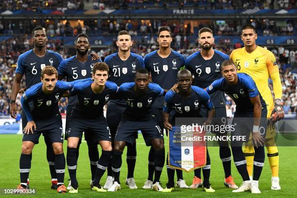 France's team players France's forward Antoine Griezmann, France's defender Benjamin Pavard, France's midfielder Blaise Matuidi, France's defender...