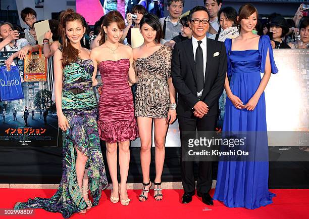 Models Moe Oshikiri, Yuri Ebihara, Yu Yamada, lawyer Hideki Yashiro and actress Saori Takizawa pose on the red carpet during the 'Inception' Japan...
