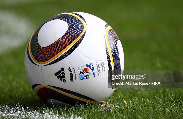 The adidas Jabulani play ball lies on the pitch during the 2010 FIFA Women's World Cup Group B match between New Zealand and Brazil at the Dresden...
