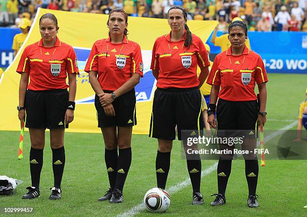 Referees Emperatriz Ayala, Silvia Reyes, Dagmar Damkova and Flor Escobar line up before the 2010 FIFA Women's World Cup Group B match between New...