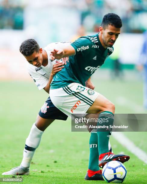 Pedrinho of Corinthians and Luan Garcia of Palmeiras in action during the match for the Brasileirao Series A 2018 at Allianz Parque Stadium on...