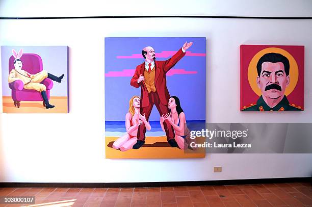 Three paintings entitled "Fratel coniglietto" , "La Rivoluzione d'agosto" and "SS Stalin" by italian painter Giuseppe Veneziano at Palazzo Panichi...