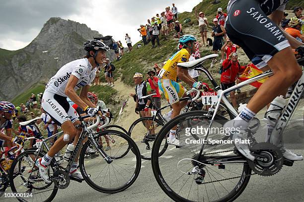 Luxembourg's Andy Schleck and Spaniard Alberto Contador, in the yellow jersey, ride up a climb during stage 16 of the Tour de France on July 20, 2010...