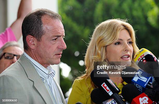 Michael Lohan and Lawyer Lisa Bloom speak in front of the Beverly Hills Courthouse on July 20, 2010 in Beverly Hills, California. Lindsay Lohan...