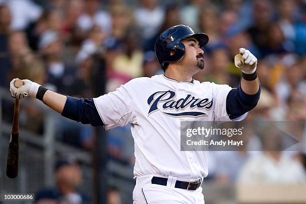 Adrian Gonzalez of the San Diego Padres hits his 20th home run of the season against the Arizona Diamondbacks at Petco Park on Saturday July 17, 2010...