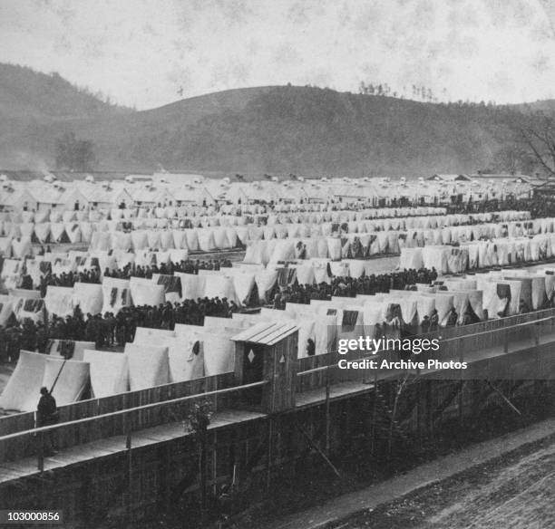 Civil War prisoner-of-war camp for Confederates in Elmira, New York, USA, circa 1864. The Union installation, known as Camp Rathbun, fell into disuse...