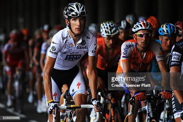 Luxembourg's Andy Schleck of team Saxo Bank rides up a climb during stage 16 of the Tour de France on July 20, 2010 in Pau, France. The stage,...