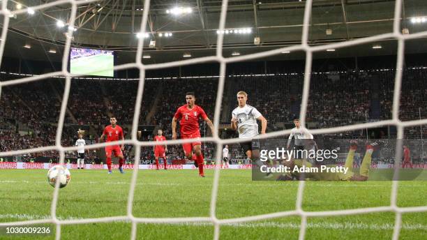 Nico Schulz of Germany scores his team's second goal past Pedro Gallese of Peru during the International Friendly match between Germany and Peru at...