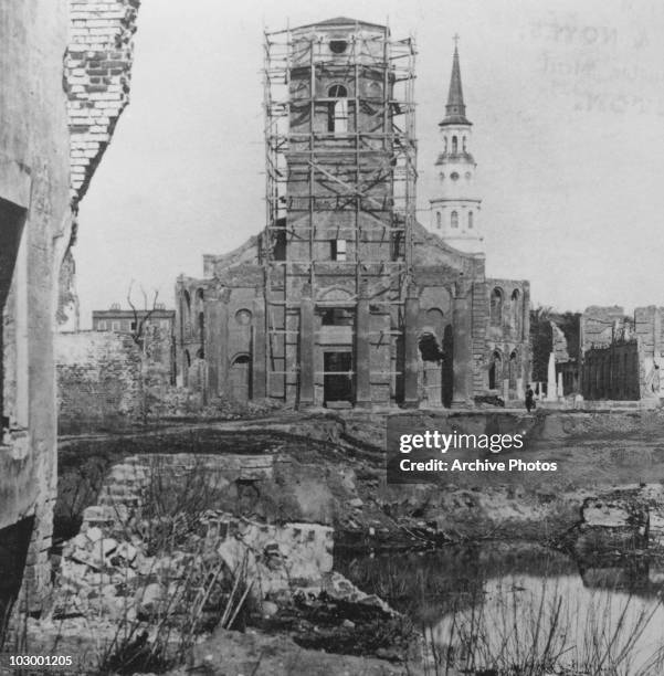 The ruins of the Secession Hall and circular church with the ruins of St Phillips visible in the distance, on Meeting Street in Charleston, South...