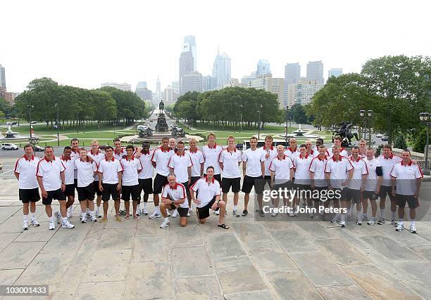 The Manchester United squad and coaching staff pose on the steps of the Philadelphia Museum of Art, made famous by Sylvester Stallone in the film...