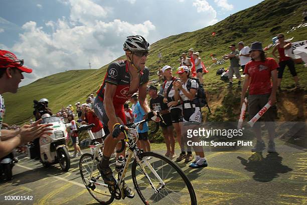 American Lance Armstrong with team RadioShack rides in a breakaway during stage 16 of the Tour de France on July 20, 2010 in Pau, France. Armstrong...