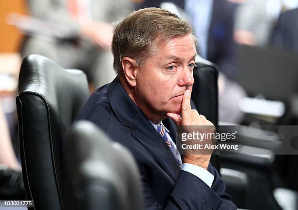 Sen. Lindsey Graham pauses during a markup hearing for the Kagan confirmation before the Senate Judiciary Committee July 20, 2010 on Capitol Hill in...