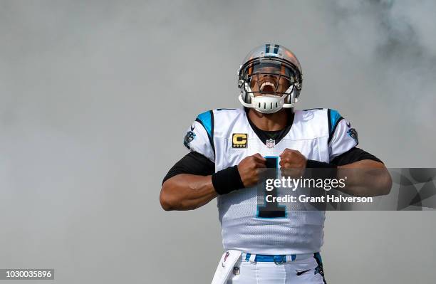 Cam Newton of the Carolina Panthers takes the field against the Dallas Cowboys at Bank of America Stadium on September 9, 2018 in Charlotte, North...