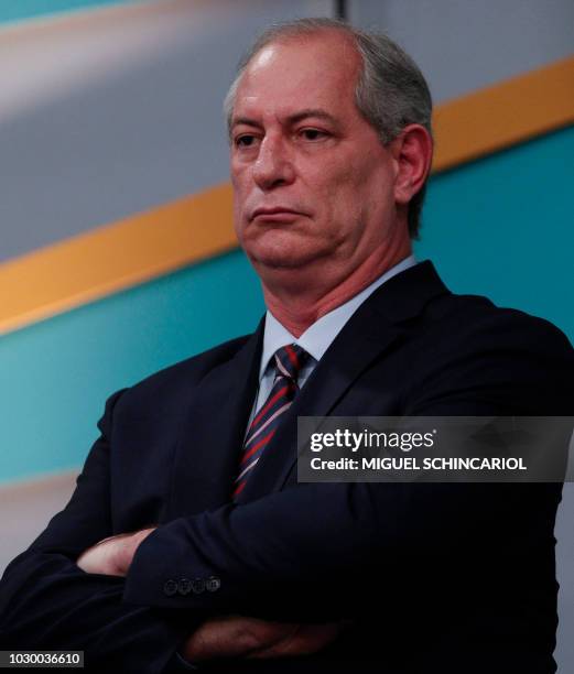 Brazilian presidential candidate Ciro Gomes speaks during the third presidential debate ahead of the October 7 general election, at Gazeta TV...