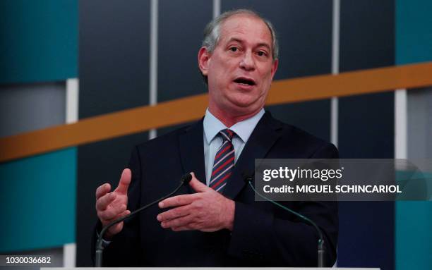 Brazilian presidential candidate Ciro Gomes speaks during the third presidential debate ahead of the October 7 general election, at Gazeta TV...