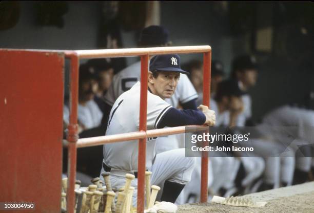 New York Yankees manager Billy Martin in dugout during game vs Minnesota Twins. Cover. Bloomington, MN 7/20/1978 CREDIT: John Iacono