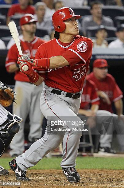 Hideki Matsui of the Los Angeles Angels of Anaheim follows through on a two run seventh inning home run against against the New York Yankees on July...