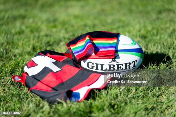 The Heroes shirt and a Rugby ball are seen during the Metro Classics match between the Christchurch FC Heroes and the Burnside RFC Blackadders at...