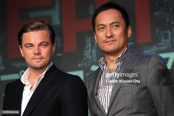 Actors Leonardo DiCaprio and Ken Watanabe pose during the 'Inception' press conference at the Ritz-Carlton Tokyo on July 21, 2010 in Tokyo, Japan....