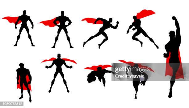 vector superhero silhouette set - superman silhouette stock illustrations
