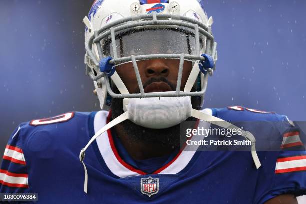 Defensive back Rafael Bush of the Buffalo Bills looks on before playing against the Baltimore Ravens at M&T Bank Stadium on September 9, 2018 in...