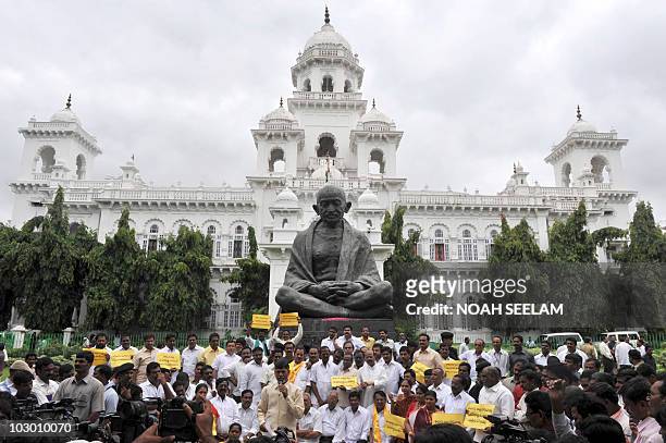 Indian state Opposition Telugu Desam Party president and former Chief Minister of Andhra Pradesh, Chandrababu Naidu addresses party members during a...
