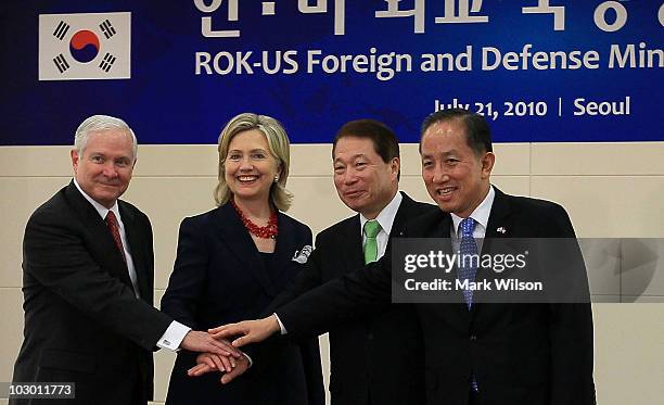Secretary of Defense Robert Gates , U.S. Secretary of State Hillary Clinton , South Korean Foreign Minister Yu Myung-Hwan and South Korean Defense...