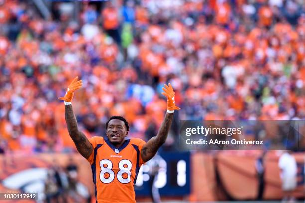 Demaryius Thomas of the Denver Broncos hypes up the crowd late in the fourth against the Seattle Seahawks during the Broncos 27-24 win at Broncos...