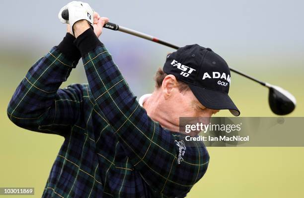 Tom Watson of USA practices on the driving range at Carnoustie Golf Course on July 21, 2010 in Carnoustie, Scotland.