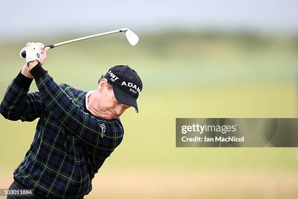 Tom Watson of USA practices on the driving range at Carnoustie Golf Course on July 21, 2010 in Carnoustie, Scotland.