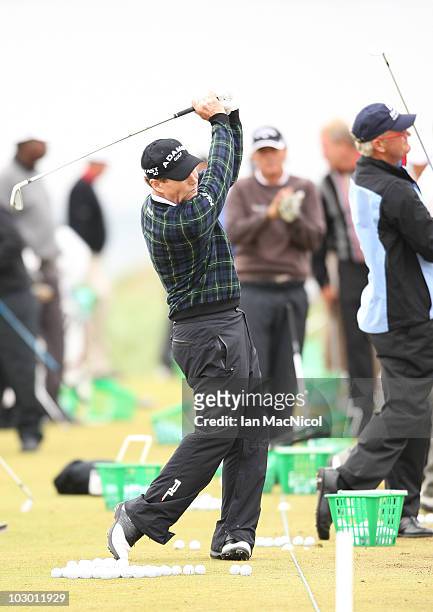 Tom Watson of USA practices on the driving range at Carnoustie Golf Course on July 21, 2010 in Carnoustie, Scotland.