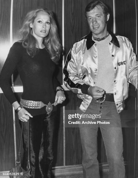 Actress Ursula Andress with actor Jean-Paul Belmondo, circa 1970. Andress and Belmondo were involved in a well-publicised affair which led to...