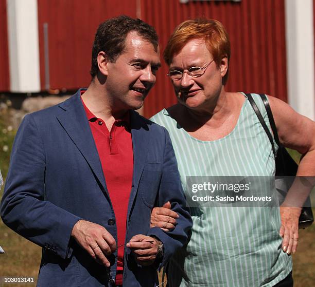 Russian President Dmitry Medvedev and Finland's President Tarja Halonen visit the Seili Island in Baltic Sea, Finland, on July 21, 2010. Both...
