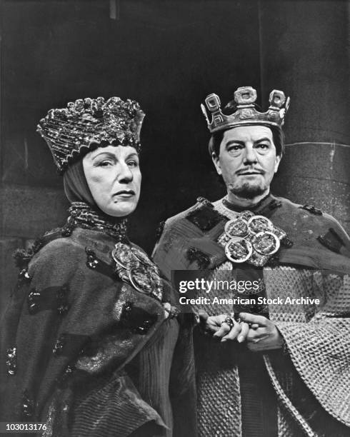 Judith Anderson as Lady Macbeth with actor Maurice Evans as Macbeth in a television production of the play Macbeth, by William Shakespeare, USA,...