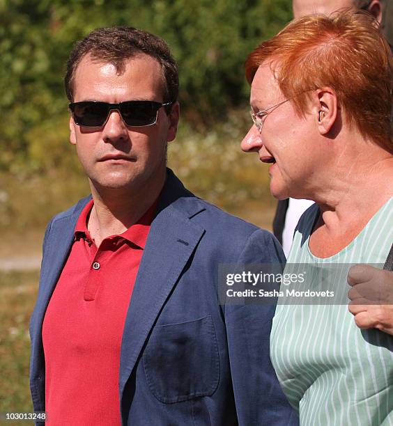 Russian President Dmitry Medvedev and Finland's President Tarja Halonen visit the Seili Island in Baltic Sea, Finland, on July 21, 2010. Both...