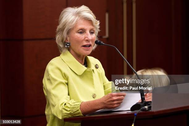 Congresswoman Jane Harman attends at the 5th annual Children Uniting Nations press conference at the US Capitol Visitor Center on July 21, 2010 in...