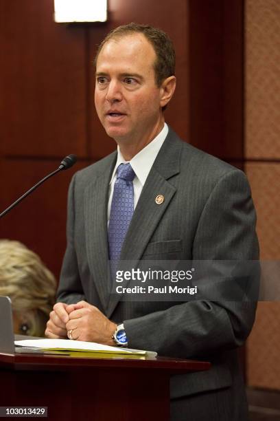 Congressman Adam Schiff makes a few remarks at the 5th annual Children Uniting Nations press conference at the US Capitol Visitor Center on July 21,...
