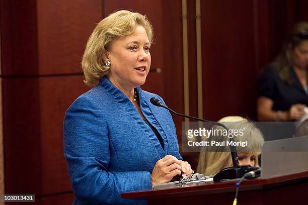 Senator Mary Landrieu makes a few remarks at the 5th annual Children Uniting Nations press conference at the US Capitol Visitor Center on July 21,...