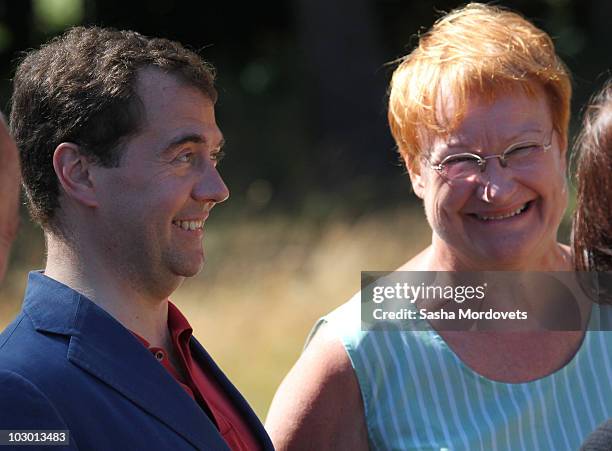 Russian President Dmitry Medvedev and Finland President Tarja Halonen visit the Seili Island in Baltic Sea, Finland, on July 21, 2010. Both...