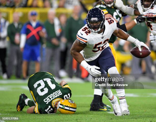 Khalil Mack of the Chicago Bears reacts after sacking Aaron Rodgers during the second quarter of a game at Lambeau Field on September 9, 2018 in...